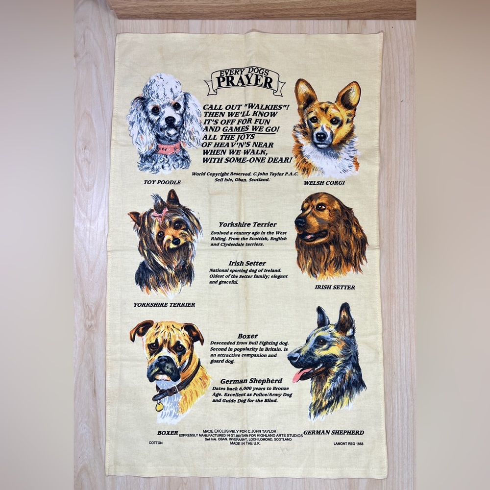 Vintage Every Dog's Prayer Scottish Cotton Tea Towel Illustrated Wall Hanging